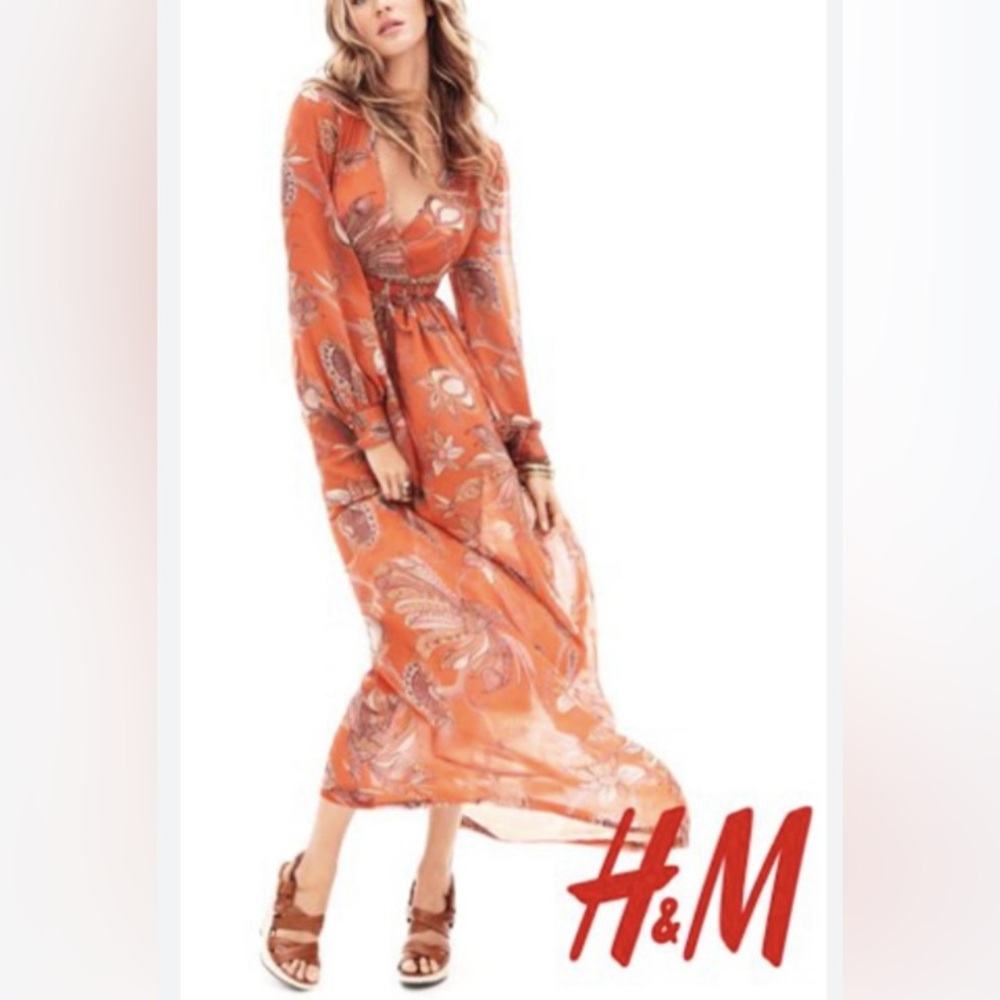 H&M  Bohemian Collection Floral Maxi Dress Long Sleeve Size 4